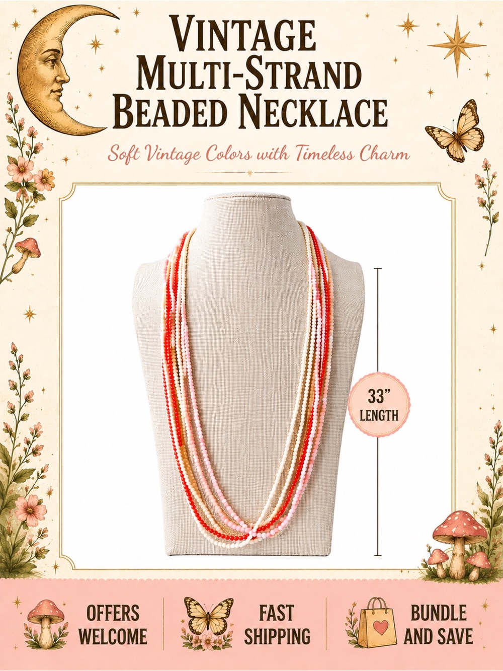 Vintage Multi Strand Beaded Necklace Cream Pink Coral 33”